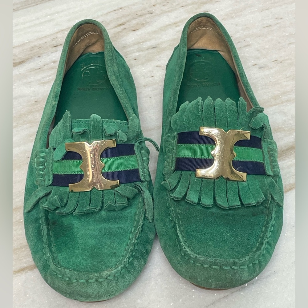 Tory Burch loafers sz 8 Gemini Link suede in green